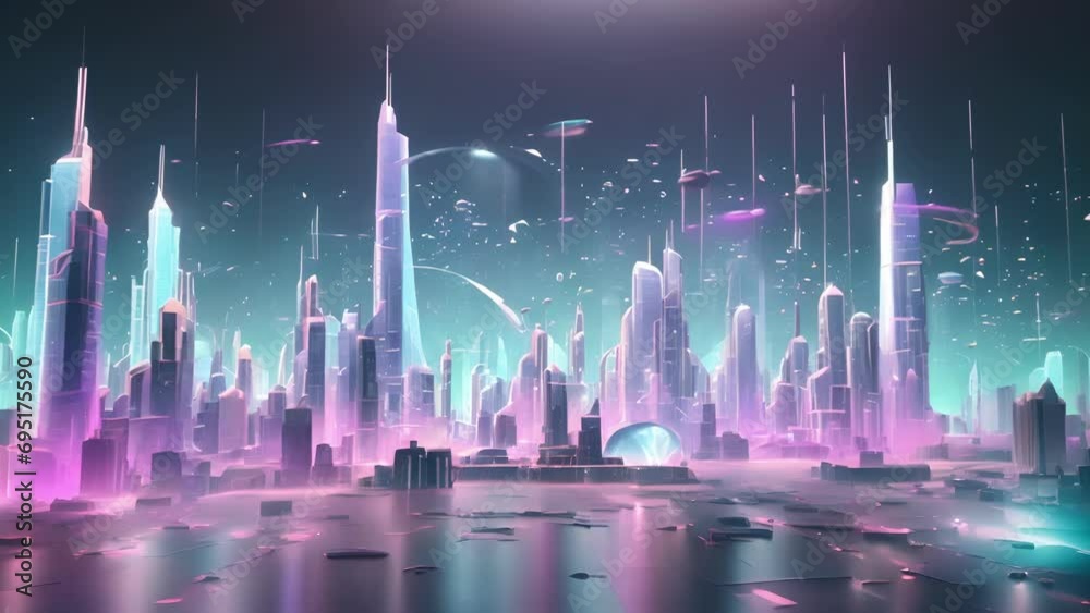 Wall mural minimal animation of a futuristic cityscape with holographic buildings rising and falling in a never
