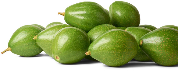pile of dark green skin avocados, aka alligator pear or butter fruit, nutritious fresh fruits enjoyed for creamy texture, mild flavor and numerous health benefits, isolated on white background