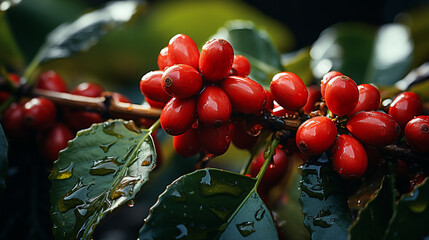 Wide closeup photo of coffee plant branch with fruits, beautiful red and orange color ripe coffee...