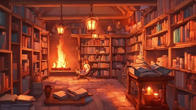 Tucked away distant corner castle, Room Requirement appears magic when needed. walls this hidden chamber lined with shelves, overflowing with books curious objects, while 2d animation