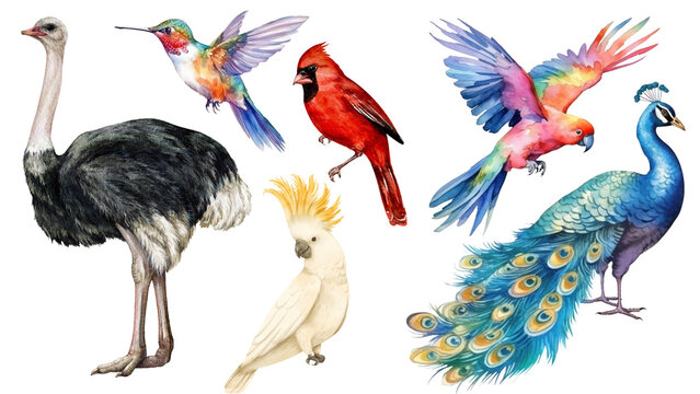 Bird set watercolor illustration. Red cardinal, eastern bluebird, cassowary, cockatoo, peacock close up images. Realistic garden and forest birds collection element. Beautiful avian set on transparent