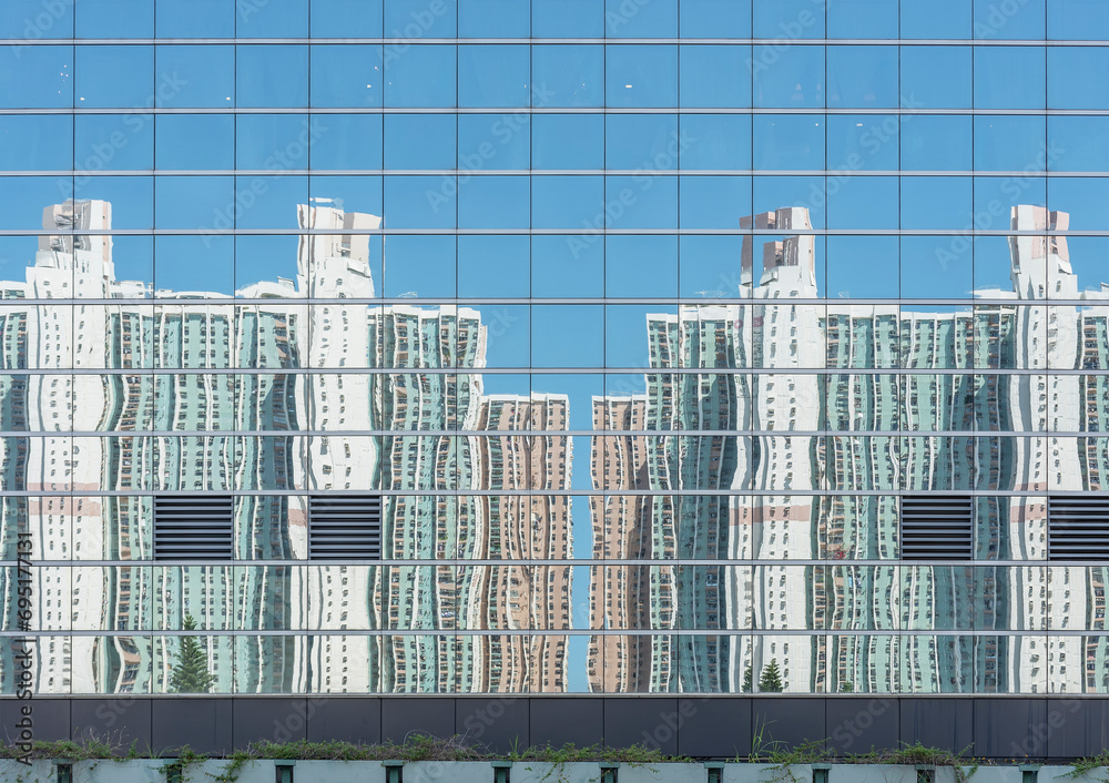 Poster reflection of high rise residential building of public estate on modern architecture in hong kong ci