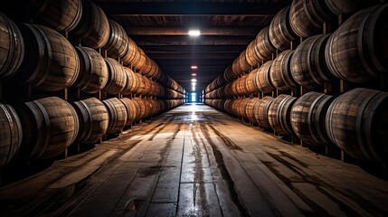 Whiskey, bourbon, scotch or wine barrels in an aging facility. Wooden wine barrels in perspective. Wine vaults. Vintage oak barrels of craft beer or brandy. - obrazy, fototapety, plakaty