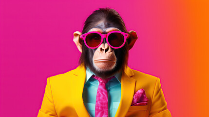monkey wearing suit and sunglasses  - obrazy, fototapety, plakaty