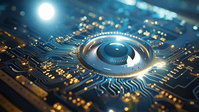 A closeup image of a processing chip with glowing circuitry modeled in the shape of an eye representing a cybernetic cyberpunk ar