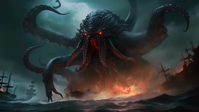 A giant kraken with writhing tentacles and glowing eyes rising from the depths of Fantasy art concept.