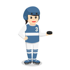 Hockey Player woman holding puck design character on white background