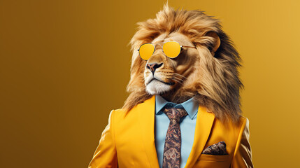 lion wearing suit and sunglasses  - obrazy, fototapety, plakaty