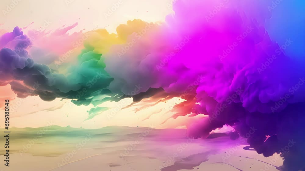 Wall mural minimal animation of a paintbrush creating a watercolor landscape, the colors blending and spreading