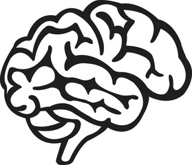 A black and white image of a brain against a white background. Suitable for medical and scientific presentations, educational materials, mental health