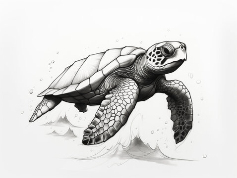A Pen Sketch Character Study Drawing of a Sea Turtle