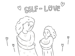 Mother and child smiling and embraced themself, self-Love concept in line drawing vector illustration.