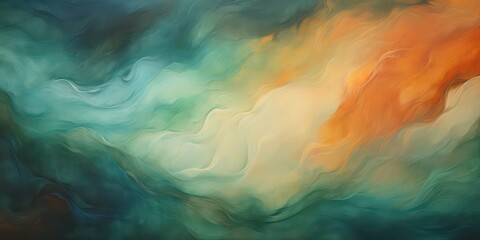 Abstract background adorned with a rich green, peach, sea teal, jade highlighted by hints of light orange, creating blur a dynamic interplay of light and shadows.