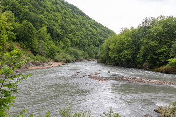 A full-flowing river, a mountainous area, a cloudy day, walks in the bosom of nature, a panorama of the area.