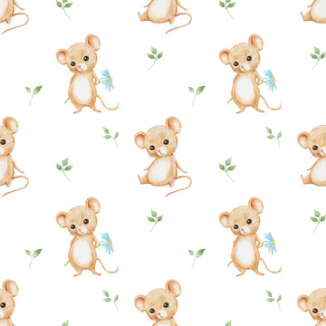 Seamless pattern with cute little sitting mouse character on white background. Endless watercolor pattern for textiles or fabric for newborns. Cartoon happy baby rat with flower