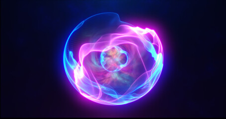 Blue purple energy sphere with glowing bright particles, atom with electrons and elektric magic field scientific futuristic hi-tech abstract background