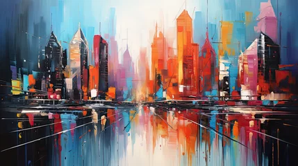Door stickers Watercolor painting skyscraper Abstract painting the city comes to life with a burst