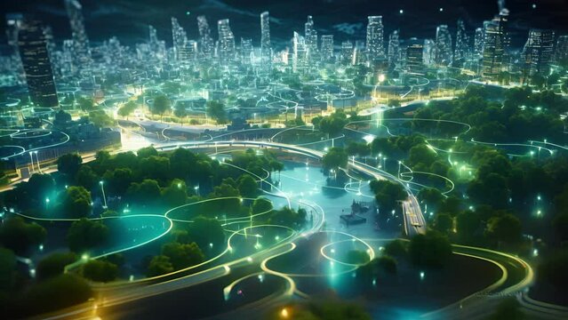 A city where flying vehicles and autonomous drones navigate through a network of green spaces, showcasing a green and efficient infrastructure.