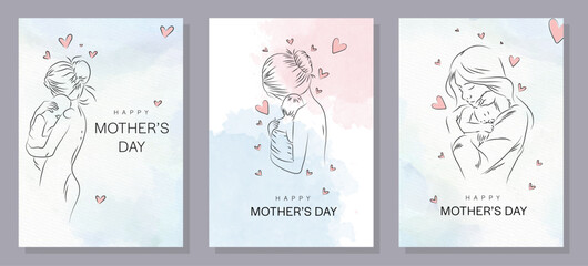 Happy Mother's Day mom and child love greeting design. Background of the hand-drawn mother with a baby.