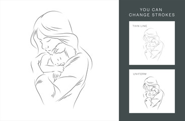 Fototapeta na wymiar Continuous one-line drawing. The woman holds her baby. Mother and baby contour illustration.