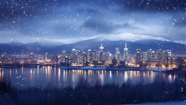 Urban winter landscape with mountains and buildings during snowfall. seamless looping 4k  time-lapse virtual video animation background. Generated AI