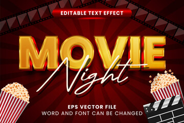 Movie night 3d editable text effect. Movie film theater text style - obrazy, fototapety, plakaty