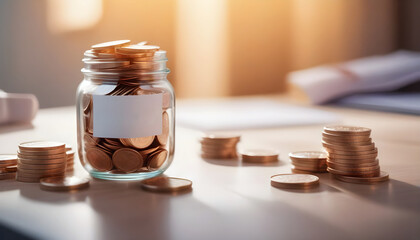 Coins in a glass jar on bokeh background. Saving money concept.