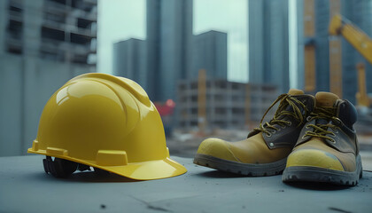 Yellow safety helmet and safety shoes on construction site.  Construction safety concept.