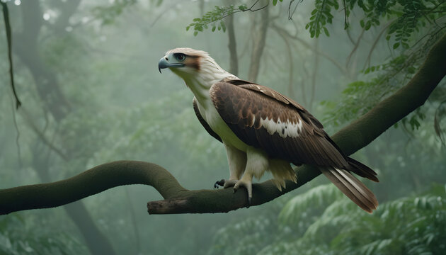 Philippine eagle flying in the jungle with fog background. Wildlife scene from nature.