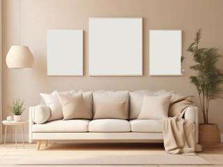 Cozy-interior-poster-mock-up-with-horizontal-white-frames,-beige-sofa-on-wooden-floor,-wooden-side-table-and-table-lamp-in-living-room-with-white-wall.-3d-illustrations