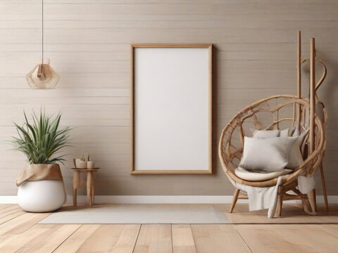 : Vertical-wooden-frame-mock-up.-Wooden-frame-poster-on-wooden-floor-with-white-wall.-3D-illustrations