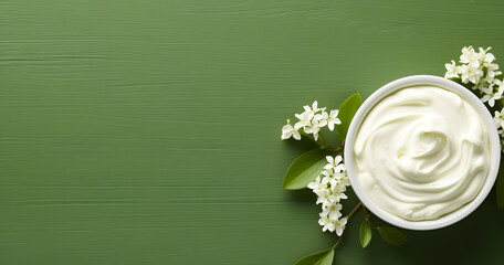 Top view of bowl with white quark or cream on side of green background with copy space - obrazy, fototapety, plakaty