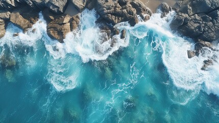 Aerial view of sea and rocks ocean blue waves