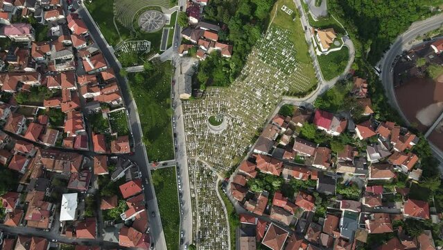 Aerial drone view of the mausoleums of citizens who were martyred in the Bosnian War in Sarajevo
