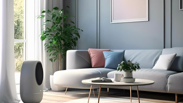 A modern living room with a stylish smart speaker in the corner filling the space with warm inviting sound. .