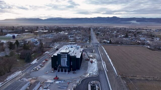 EPHRAIM, UTAH - 10 DEC 2023: Aerial LDS Temple construction Ephraim Utah circle 3. Aerial Ephraim Utah Temple of The Church of Jesus Christ of Latter-day Saints, LDS or Mormon religion. Christian. 