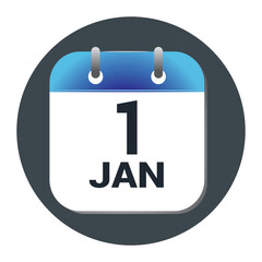  1 January Calendar Icon. Vector flat daily calendar icon. Date and time, day, month. Holiday.
