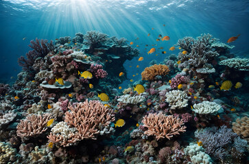 Naklejka na ściany i meble Underwater symphony with coral reefs and fishes