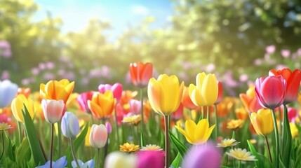Obraz premium Beautiful tulip field aesthetic scenery background. Blooming Tulip garnden, Colorful flowers, Spring time