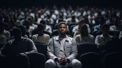 A black African American young man watching a movie in the cinema - obrazy, fototapety, plakaty