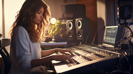 Music producer at home. Young caucasian girl playing music in her studio