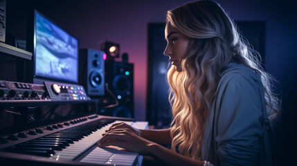 Young blond woman playing piano in her home music studio - obrazy, fototapety, plakaty