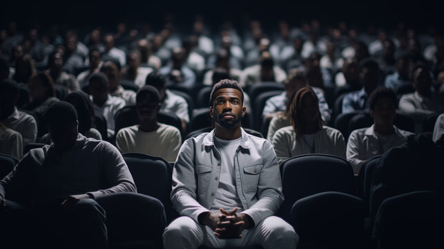 A black African American young man watching a movie in the cinema