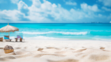 Fototapeta na wymiar Blurred background beach with umbrella. Sunny summer day.