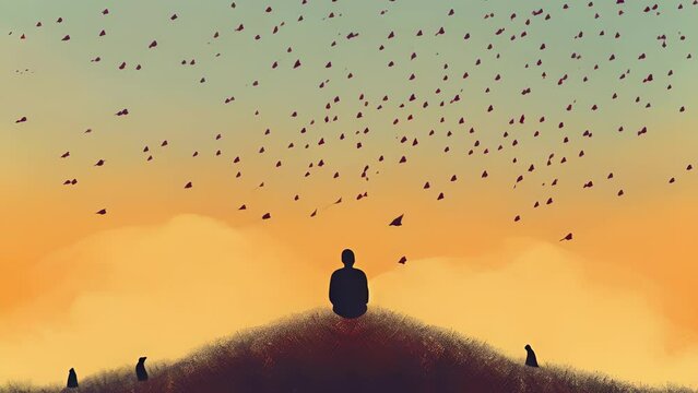 A person sitting on a grassy hill and watching a flock of birds flying away in the sky. Psychology art concept.