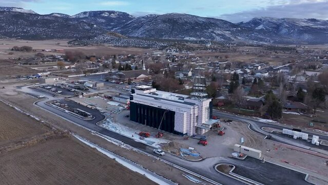 EPHRAIM, UTAH - 10 DEC 2023: Aerial LDS Temple construction Ephraim Utah circle 1. Aerial Ephraim Utah Temple of The Church of Jesus Christ of Latter-day Saints, LDS or Mormon religion. Christian. 