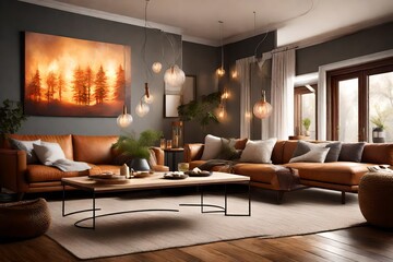 interior room design with heater and chimney and lights in the shinning room with  glowing lamp and green plants in the interior of the room  - obrazy, fototapety, plakaty