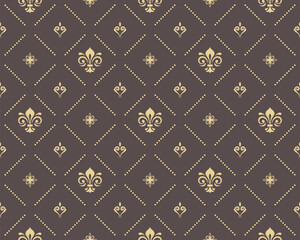 Seamless vector pattern. Modern geometric ornament with royal lilies. Classic brown golden background - 695192725