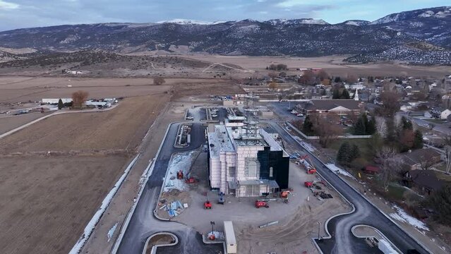 EPHRAIM, UTAH - 10 DEC 2023: Aerial LDS Temple construction Ephraim Utah circle fast. Aerial Ephraim Utah Temple of The Church of Jesus Christ of Latter-day Saints, LDS or Mormon religion. Christian. 