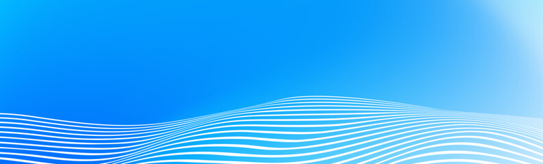 Abstract white wave lines on blue gradient background. Wide banner with curve liquid stripes. Frame border concept for footer, poster, brochure, website, cover, header, flyer. Fluid vector wallpaper